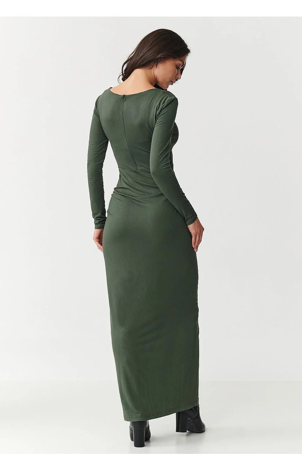 robe longue femme moulante vert olive manches longues encolure ronde silhouette fuselée jersey extensible fronces drapées taille gainante