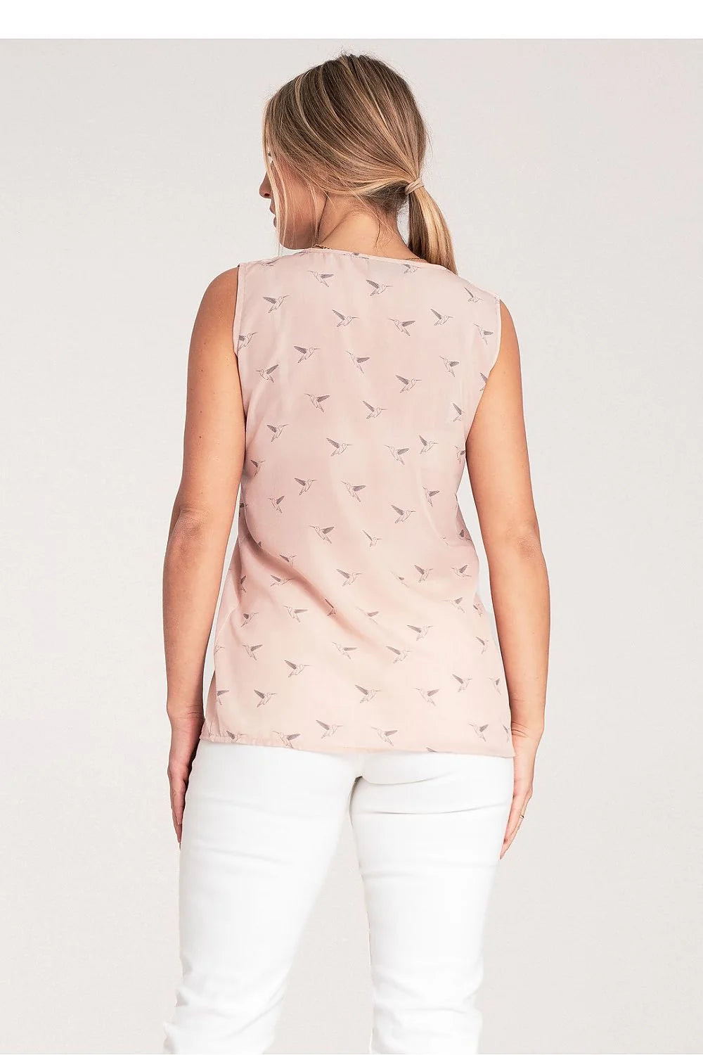 Figl chemisier féminin élégant moderne sans manches encolure V rose pâle motif oiseaux polyester léger fluide doux coupe droite polyvalent