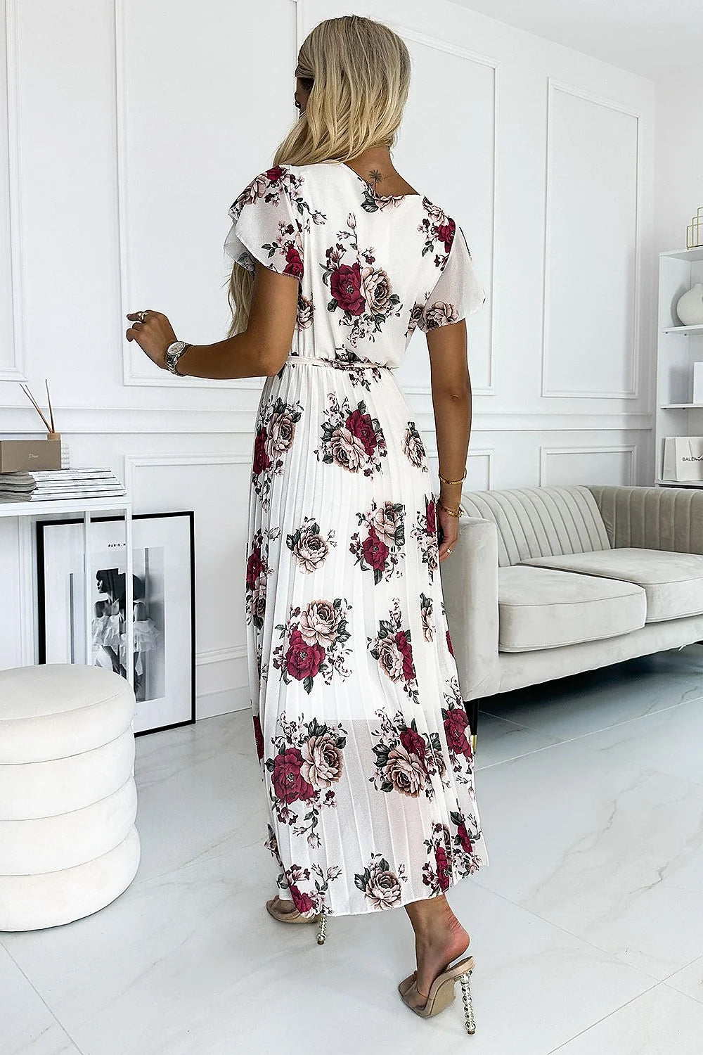 Robe de cocktail Numoco longue manches courtes décolleté en V ceinture ajustable polyester floral élégante femme