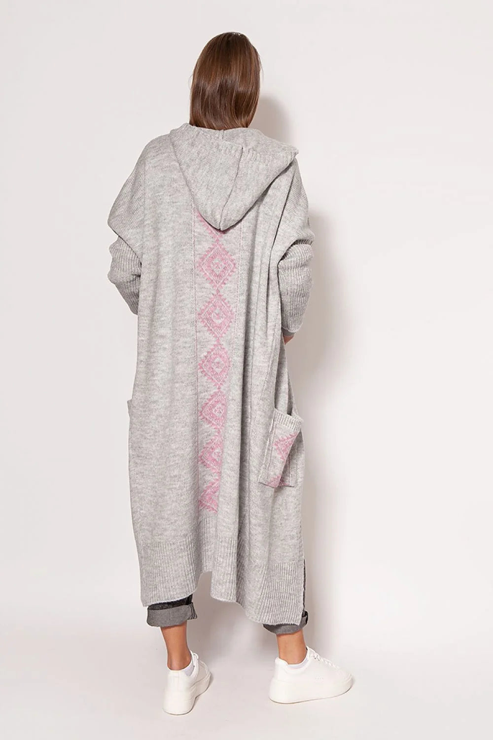 Cardigan pour femme en acrylique et laine, style décontracté, capuche et poches, longueur totale 120 cm