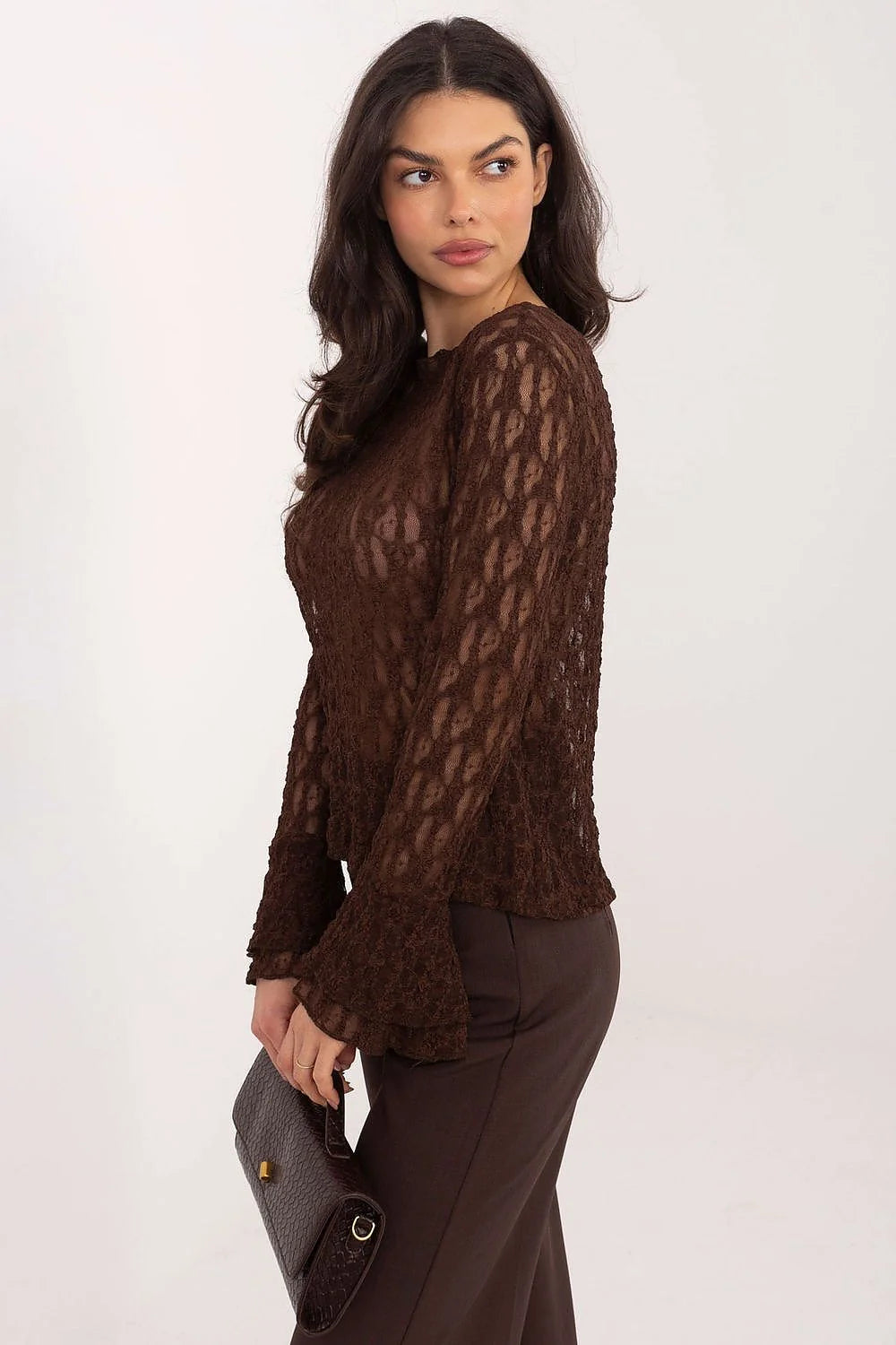 blouse dentelle femme ajustée manches longues cloche volants décolleté bateau viscose extensible doux confortable chocolat
