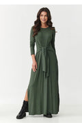 robe maxi viscose extensible manches longues col rond ceinture nouée taille drapée fentes latérales coupe évasée silhouette marquée vert olive