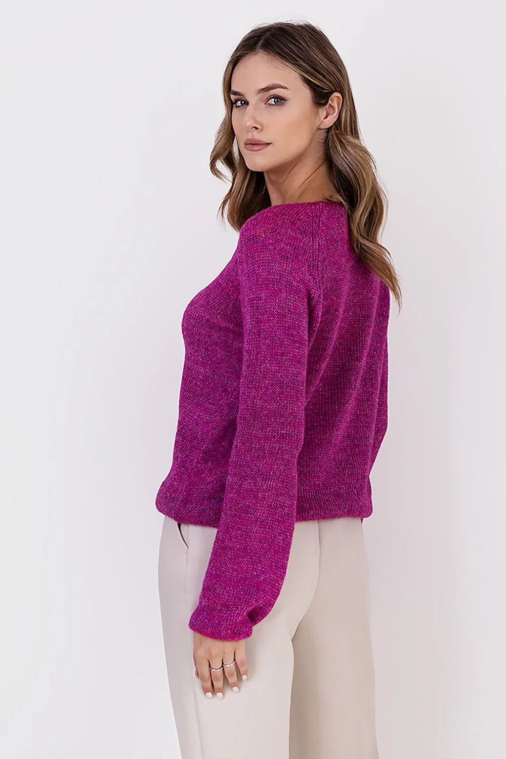 Pull femme style casual chic couleur fuchsia maille acrylique polyamide polyester laine taille L/XL S/M