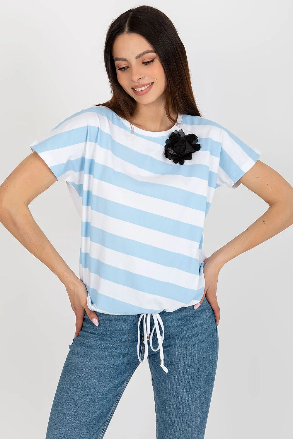 T-shirt femme chemisier rayures colorées fleur noire coton elasthanne ample manches courtes encolure ronde