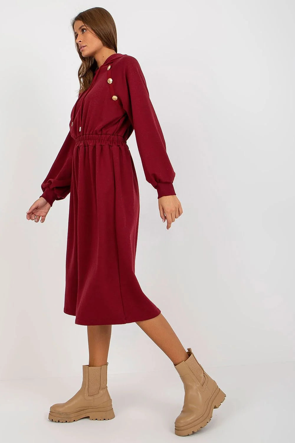 Robe de jour Relevance en coton et elasthanne, manches longues, capuche, boutons decoratifs, couleur verte, style casual, pour femme