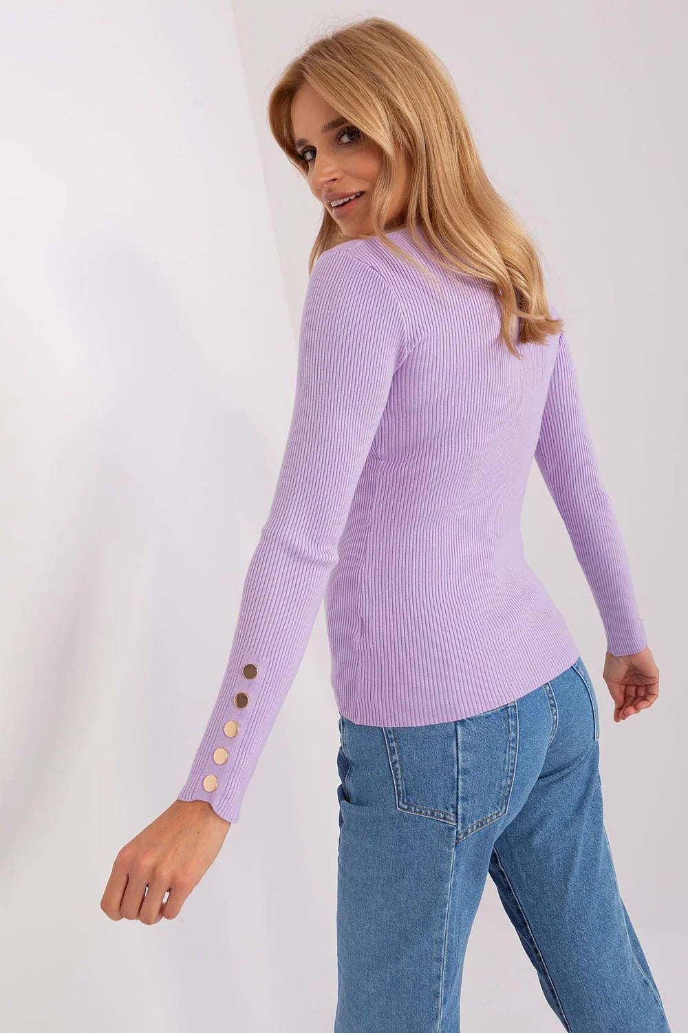 Pull femme manches longues côtelé couleur lilas élastique confort coupe ajustée mode occasion décontractée style élégant