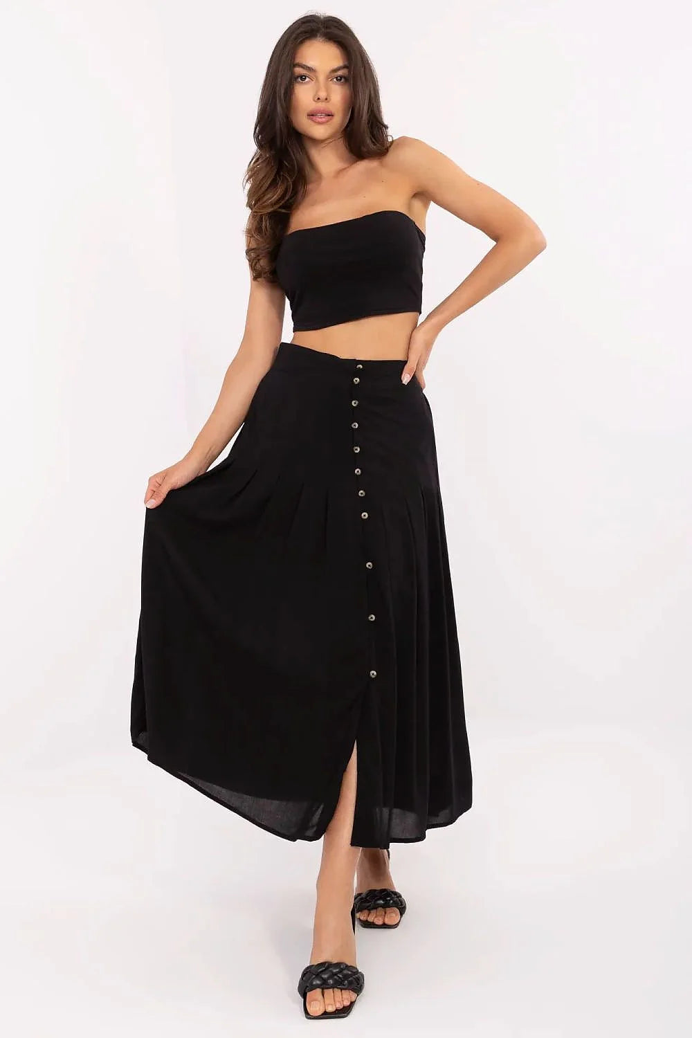 Jupe Sublevel femme viscose écolo boutons décoratifs taille haute midi évasée élégante confortable occasionnels