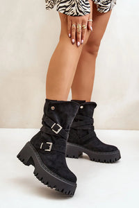 Bottes femmes style moderne suédé écolo sangles ajustables boucles argentées haut talon 7cm coupe mi-mollet