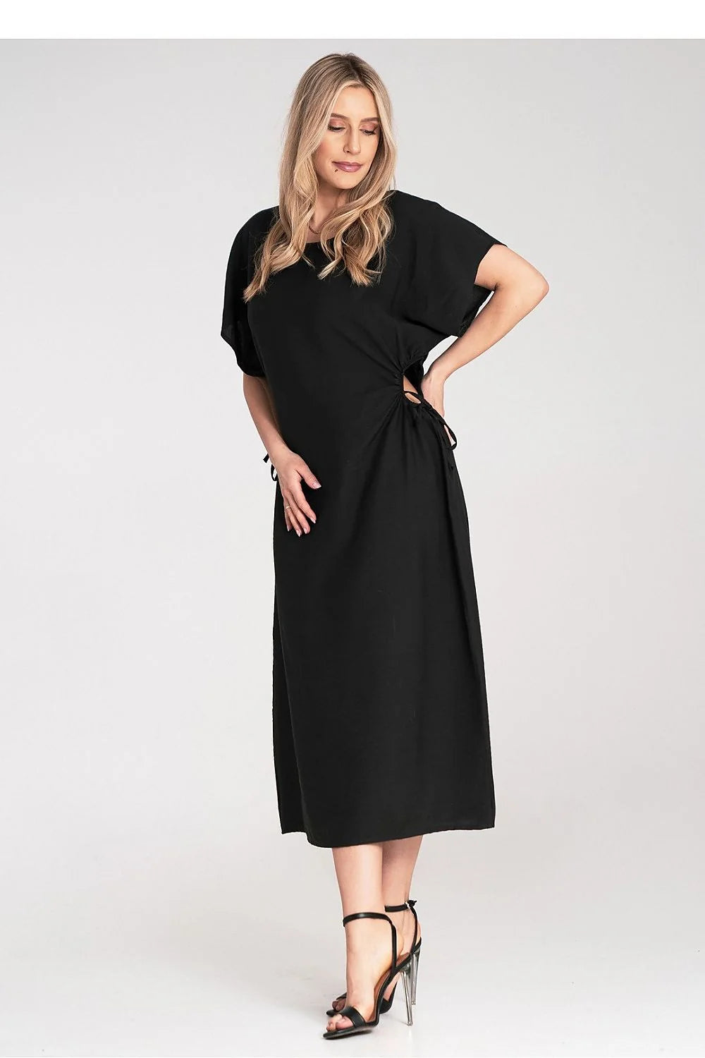Robe de jour élégante midi manches courtes amples décolleté rond plis tunnels cordon ajustable viscose 100% femme