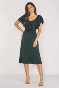 Robe élégante pour femme en vert foncé, manches courtes à volants, encolure en V, taille élastique, robe midi pour jours de fête