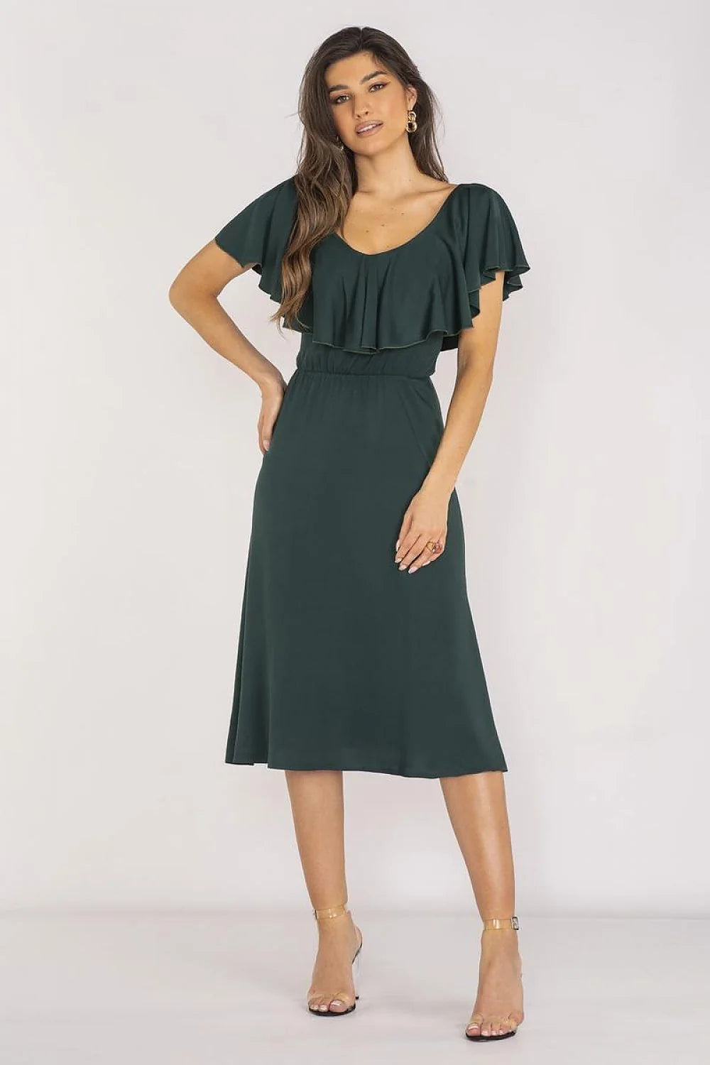 Robe élégante pour femme en vert foncé, manches courtes à volants, encolure en V, taille élastique, robe midi pour jours de fête
