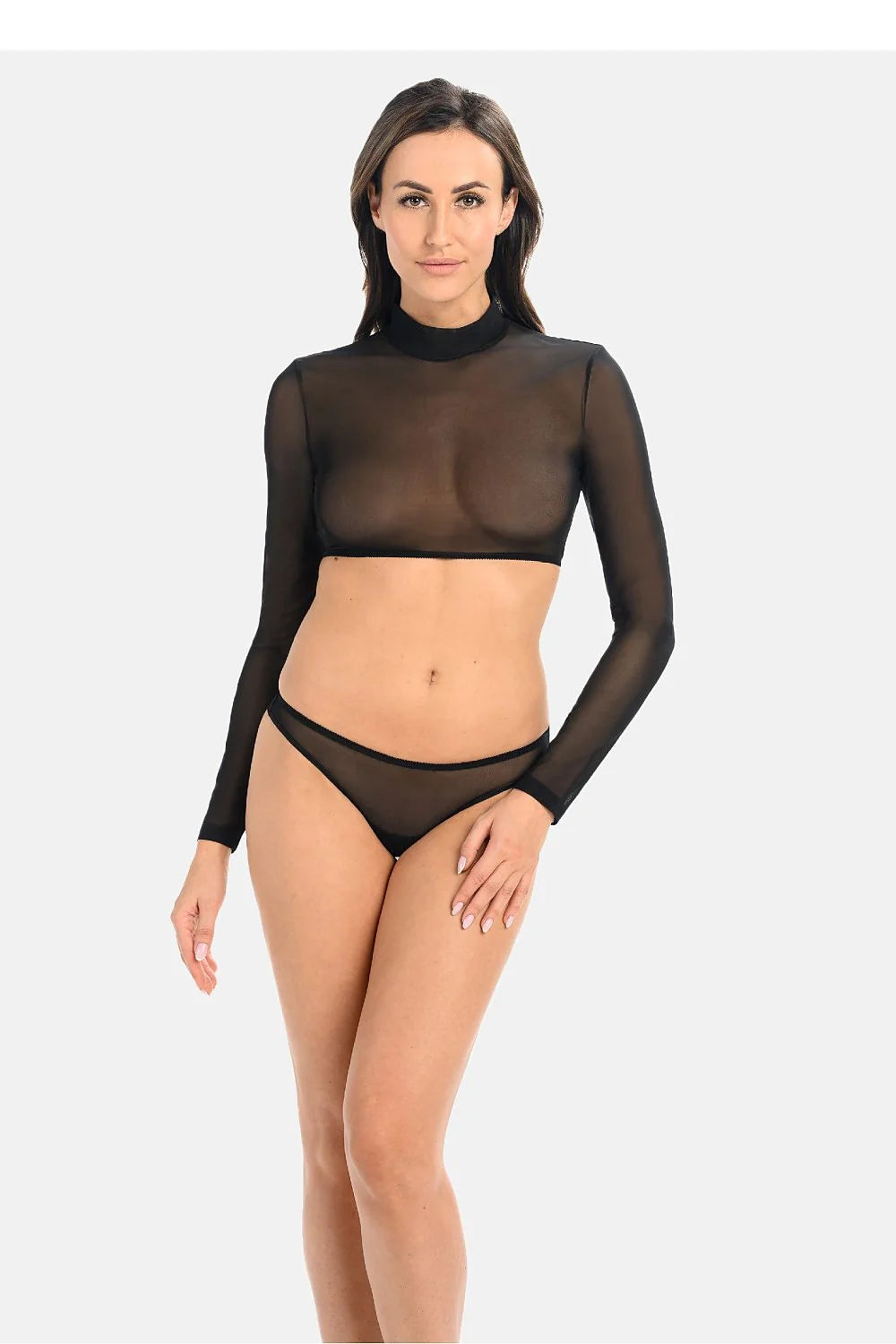nuisette chemisier court transparent tulle noir stretch manches longues col montant dos découvert ceinture réglable coupe ajustée moulante sexy lingerie