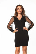 robe soirée noire courte coupe droite ajustable col V manches longues tulle transparentes bouffantes poignets resserrés jersey coton stretch élégante