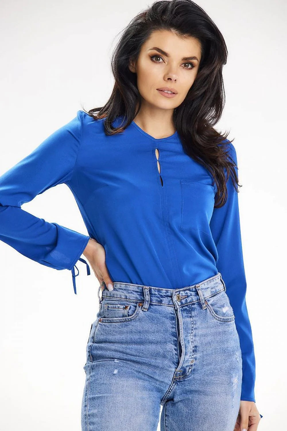 chemisier awama manches longues nouées polyester elasthanne bleu intense ajusté femme col rond fente décorative poche boutons dos