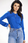 chemisier awama manches longues nouées polyester elasthanne bleu intense ajusté femme col rond fente décorative poche boutons dos