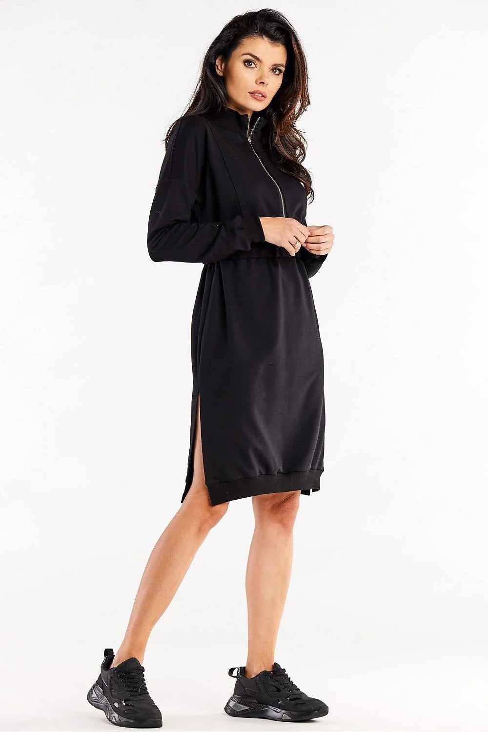 Robe de jour Infinite You moderne sportive manches longues fente latérale élastique taille ajustable couleur noire femme