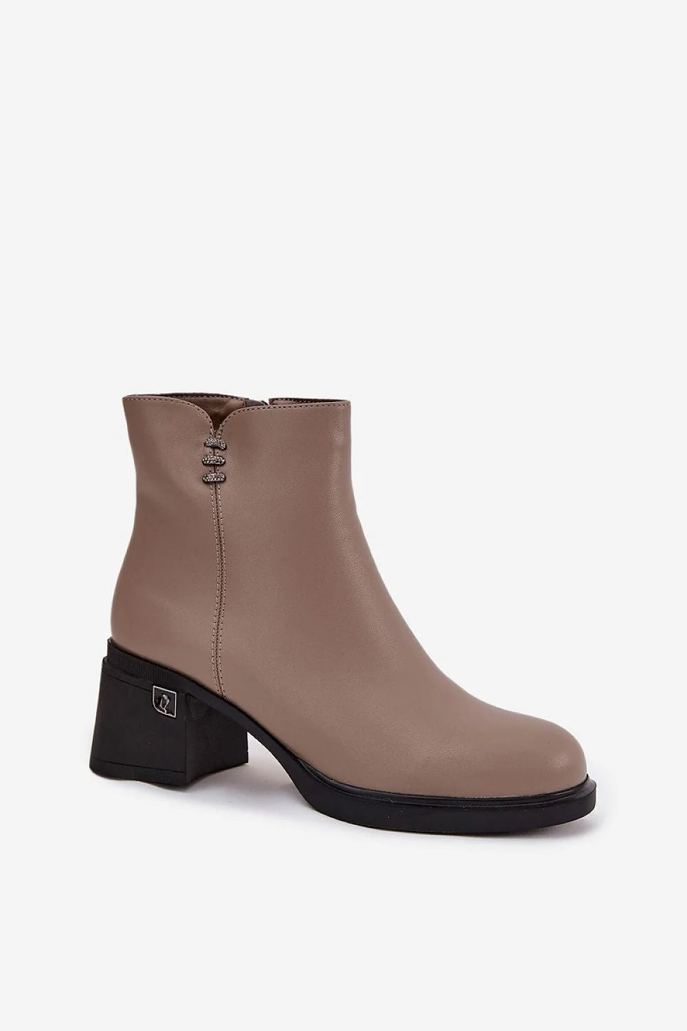 bottines femme Vinceza cuir naturel taupe bout arrondi épurée talon bloc ornements anneaux métalliques semelle antidérapante fermeture zippée