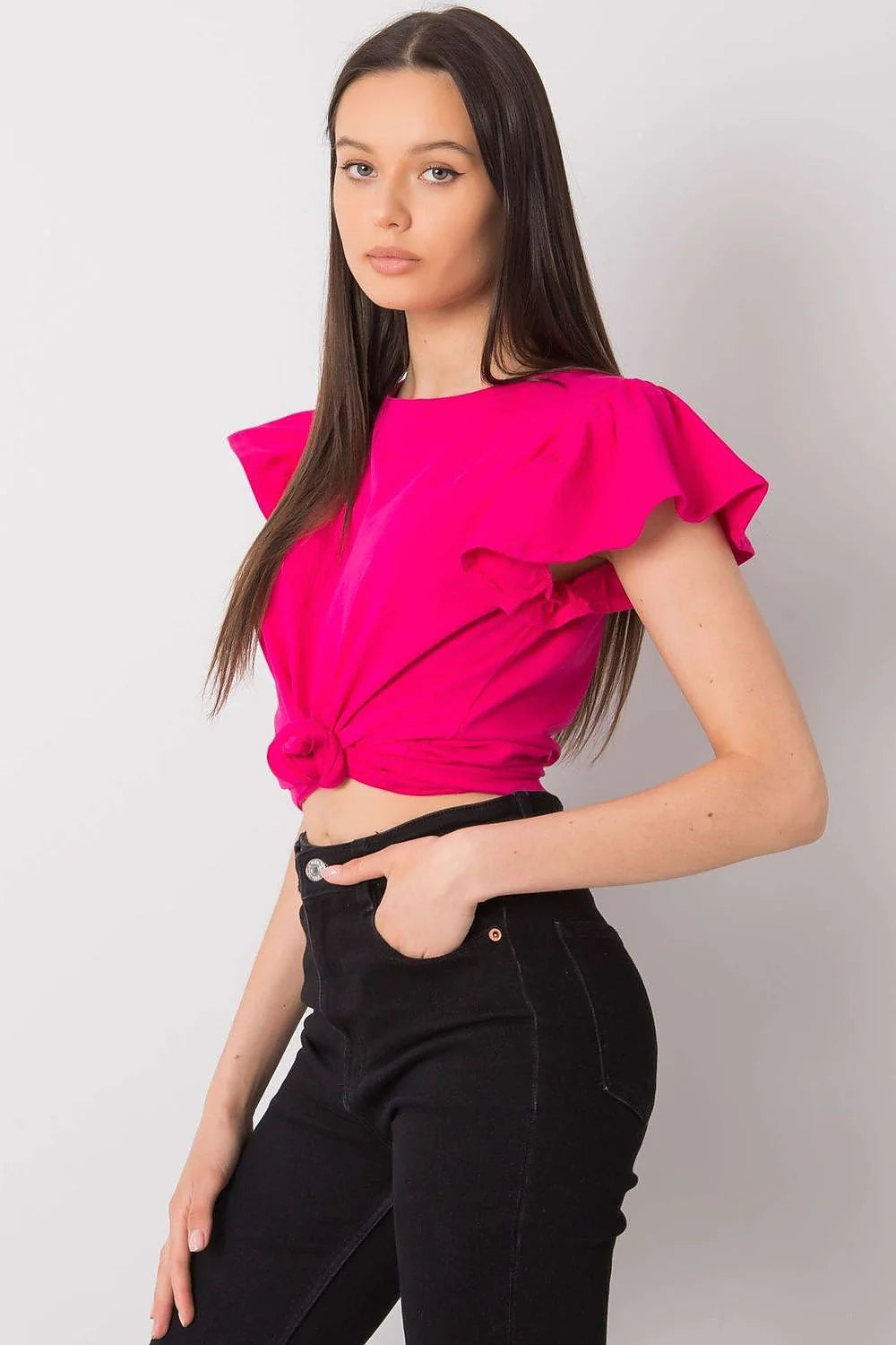 chemisier femme crop noué devant fuchsia manches courtes volants encolure ronde coton lycra stretch cintré taille haute léger respirant
