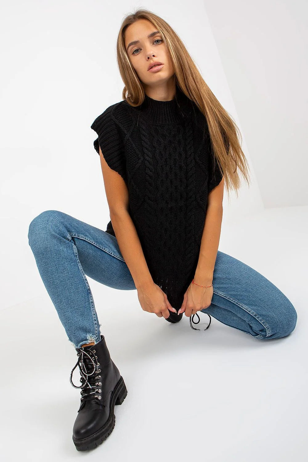 Gilet Sublevel sans manches maille tricotée carreaux style urbain veste acrylique 100% femmes taille ajustable coupe structurée
