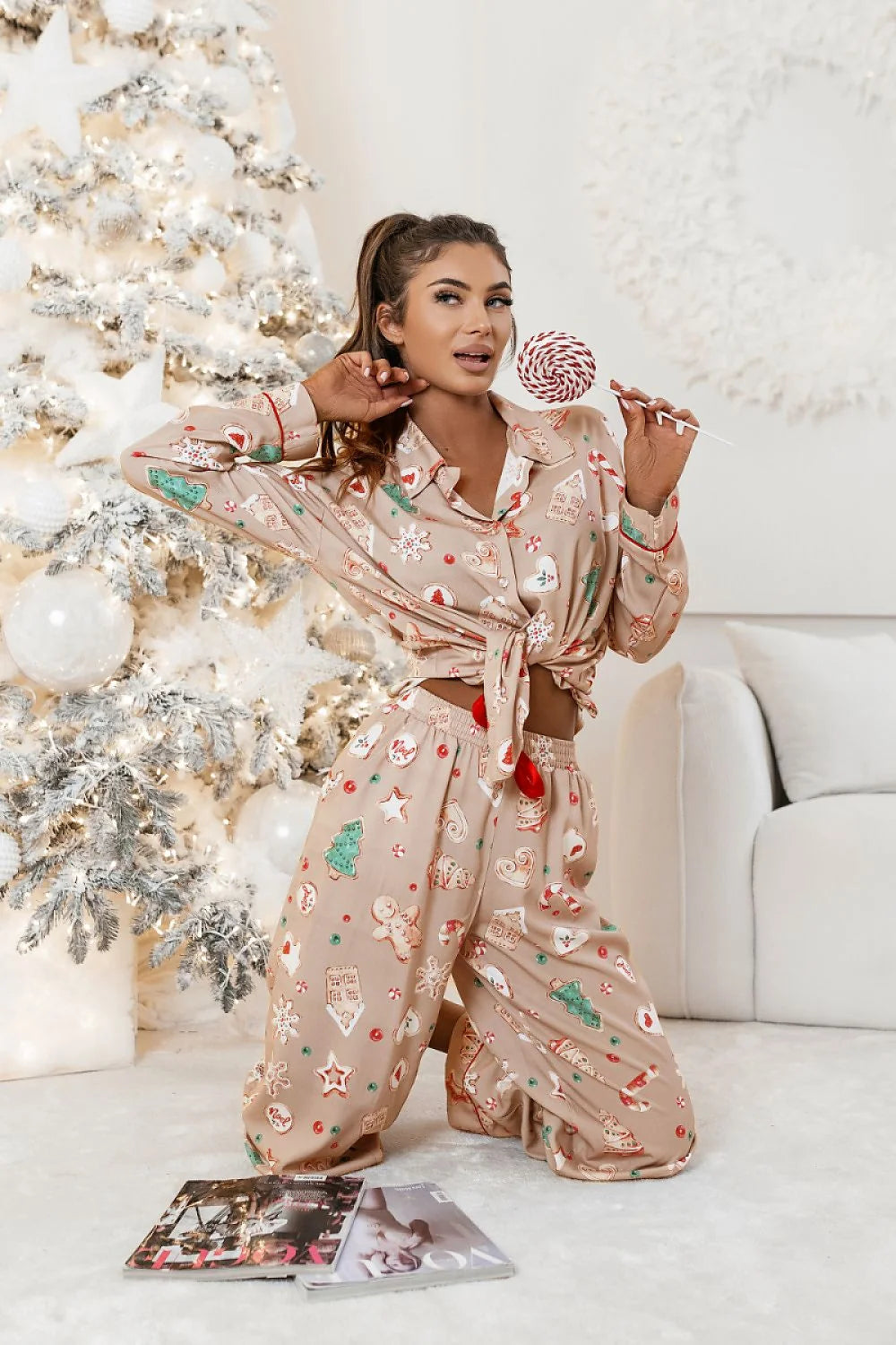 pyjama femme deux pièces TALLY Cookies imprimé gourmand Noël beige rosé multicolore chemise boutonnée nouée taille pantalon large élastique