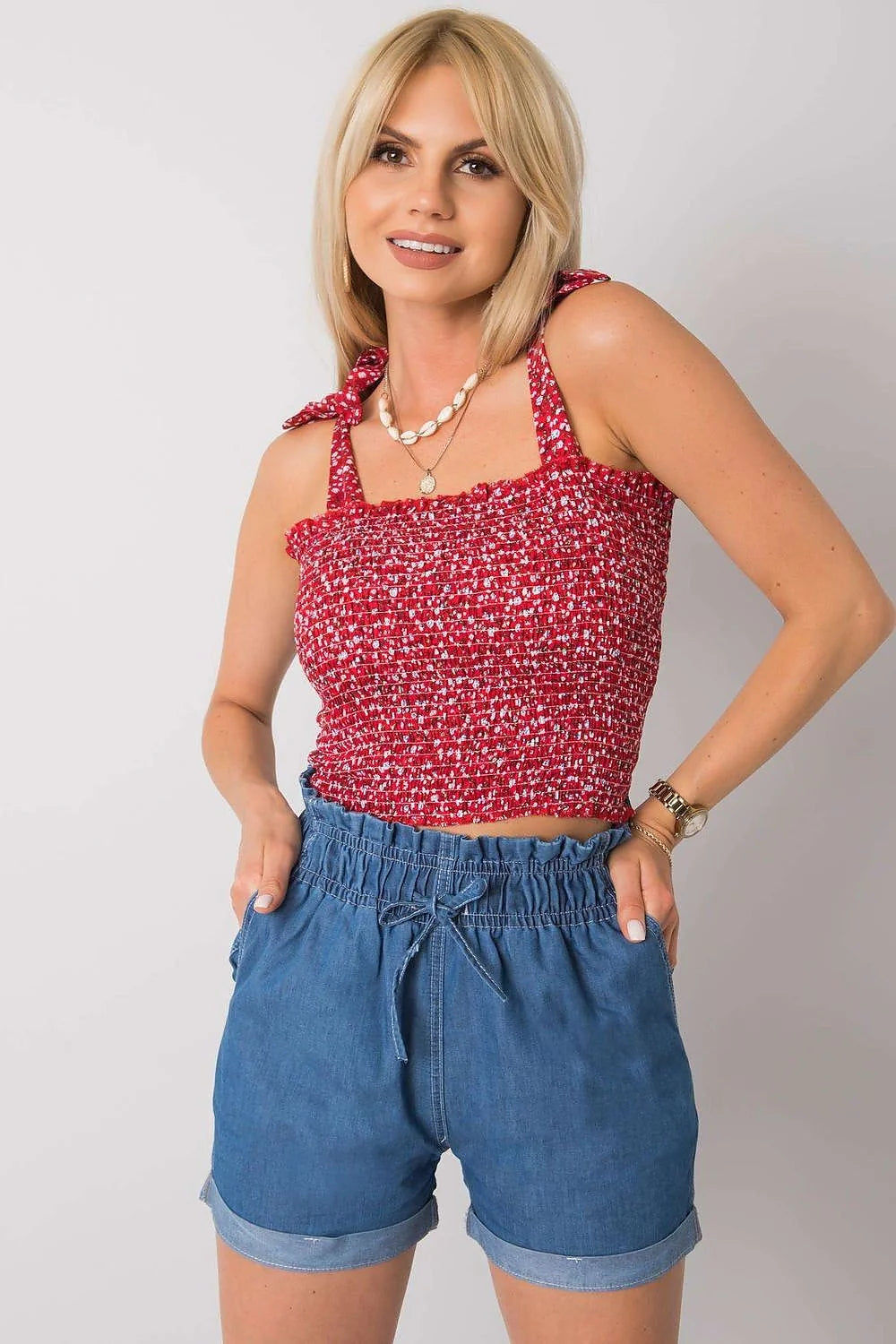 Haut et short deux pièces femme crop top bretelles ajustables tissu floral coton élasthanne taille haute jeans décontracté été