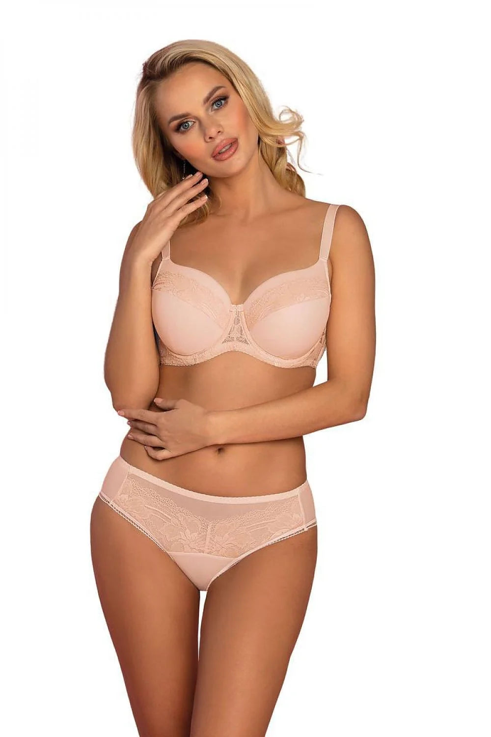 Lingerie femme ensemble soutien-gorge culotte dentelle floral beige rosé ajustable confort taille L M XL XXL