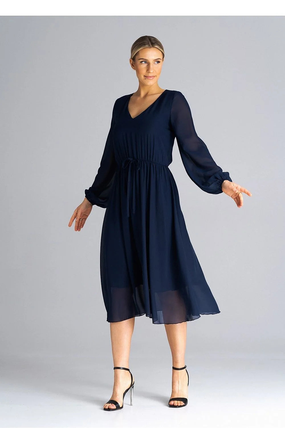 Robe de jour élégante en georgette bleu marine manches longues encolure V taille ajustable pour femme