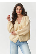 cardigan court femme oversize maille duveteuse beige crème colV bordcôtelé manchesbouffantes sansboutons doux léger respirant kidmohair laine polyamideacrylique