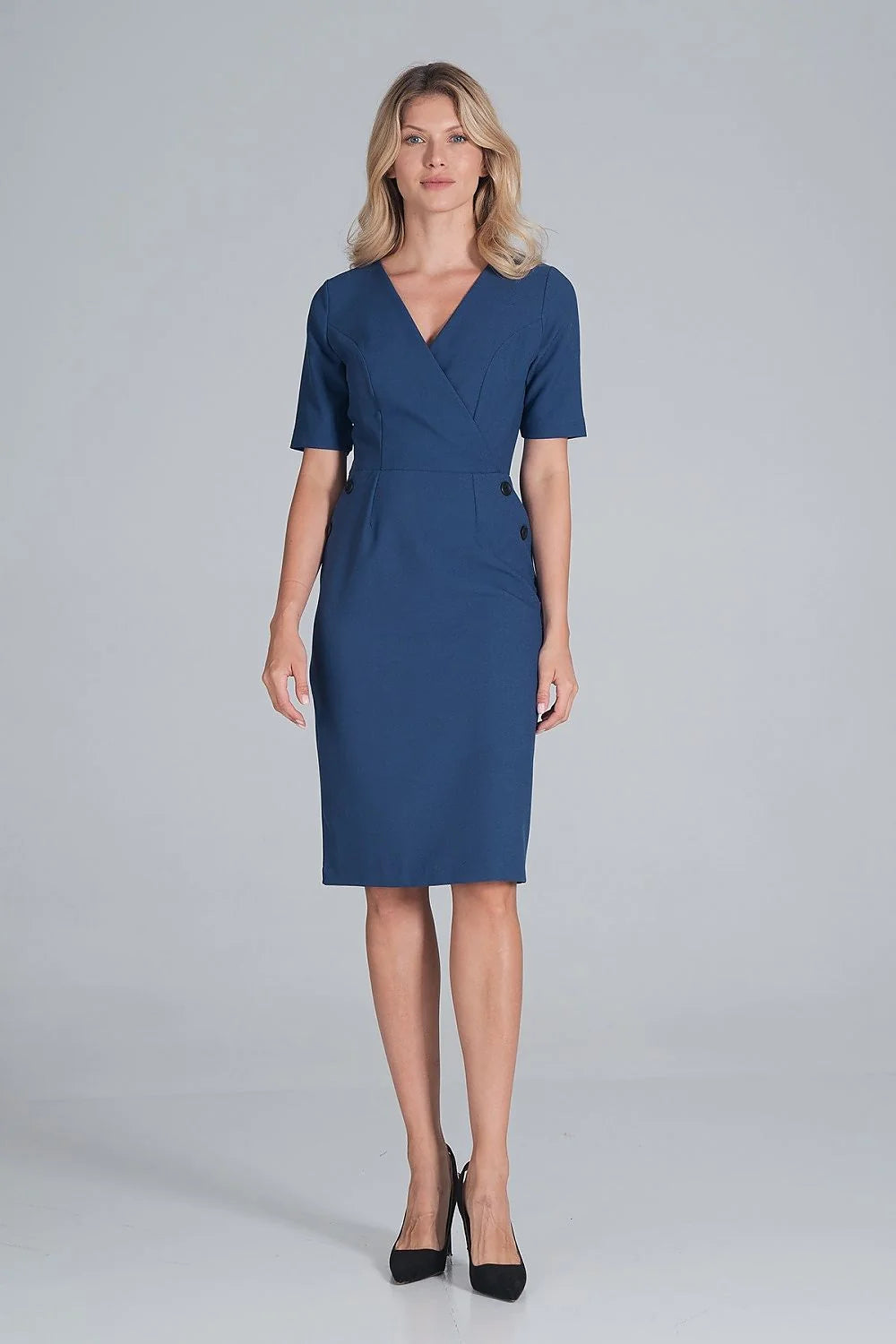 Robe élégante bleu marine polyester manches courtes col V ajustée professionnelle femme mode chic