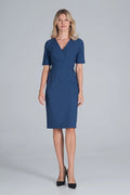 Robe élégante bleu marine polyester manches courtes col V ajustée professionnelle femme mode chic