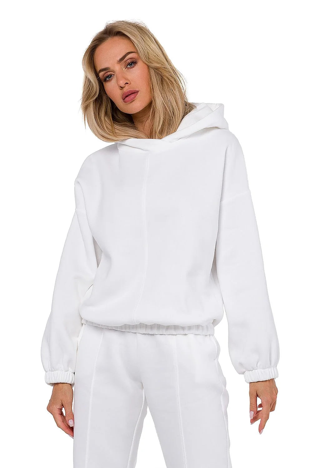 Sweatshirt Moe à capuche en maille drapée femme manches longues élastique ourlet couleur blanc style décontracté