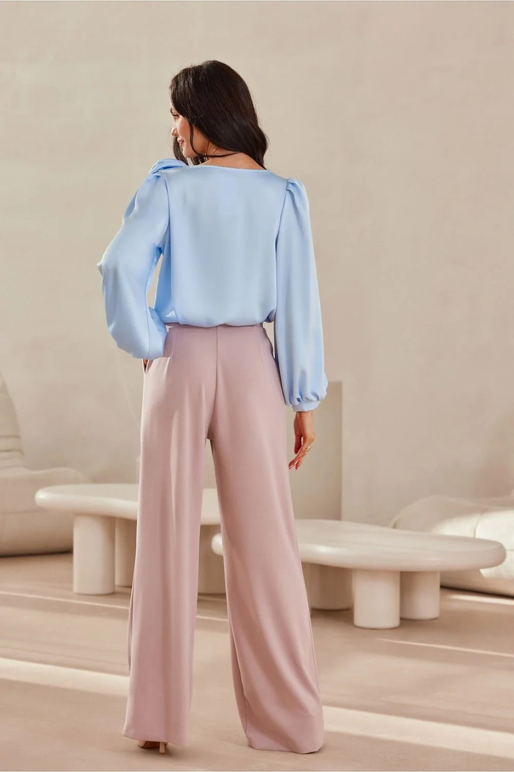 Chemisier Roco Fashion élégant bleu ciel soie satin manches bouffantes floral épaule femme coupe ample