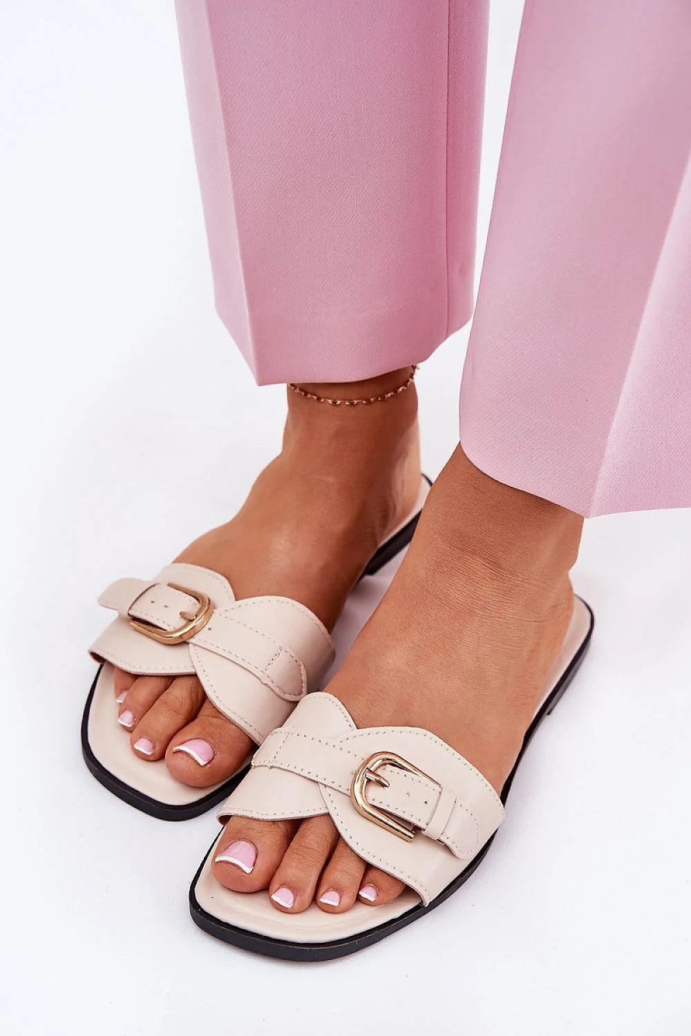 Mules femmes style élégant cuir écologique talon plat boucle dorée été robe jupe pantalon tissu