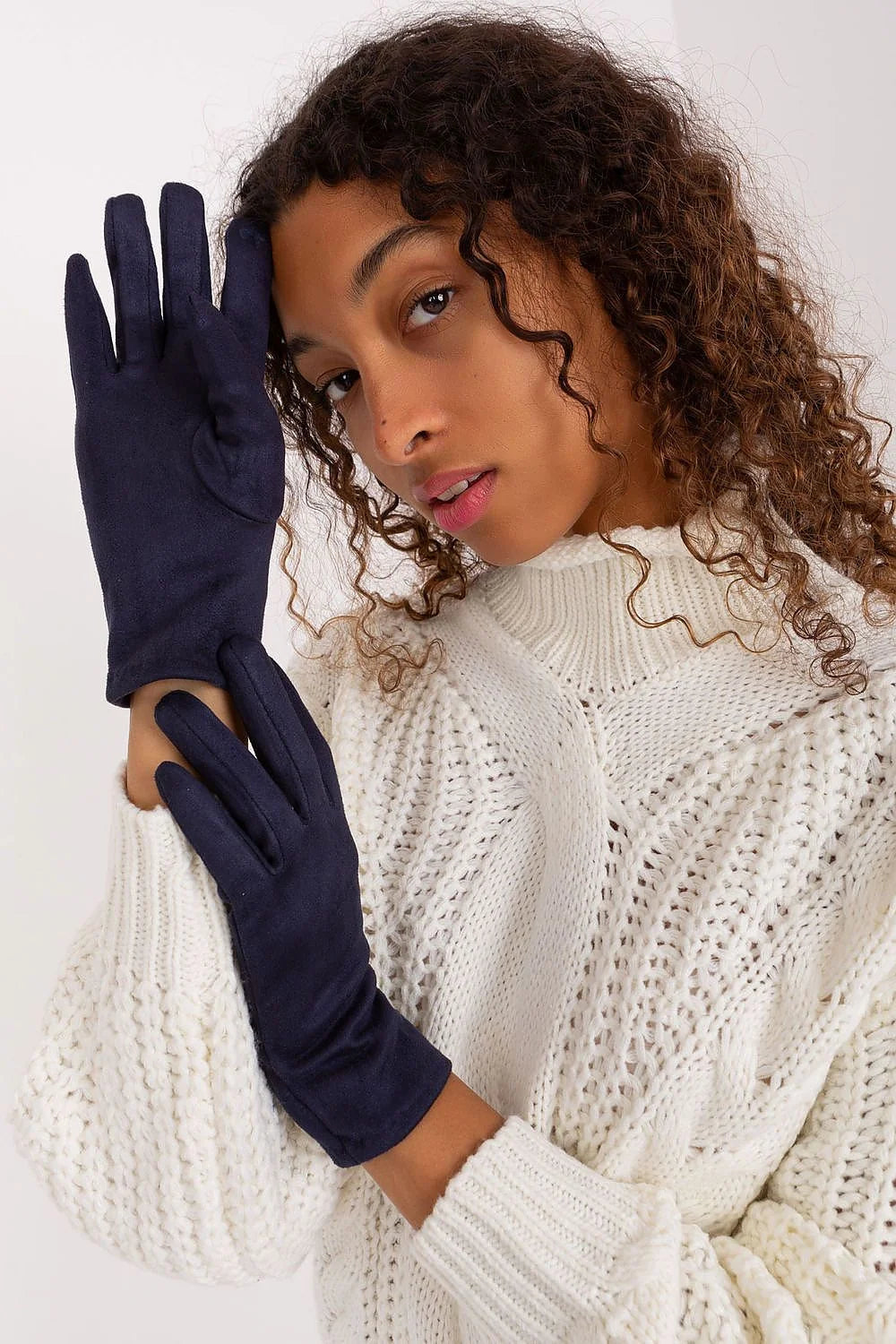 Gants élégants pour femmes en tissu lisse et isolant avec broderie fleur bleu marine