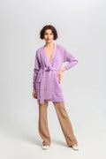 Cardigan pour femme long manches longues style élégant décontracté violet pastel côtelé ceinture à nouer poches S/M L/XL