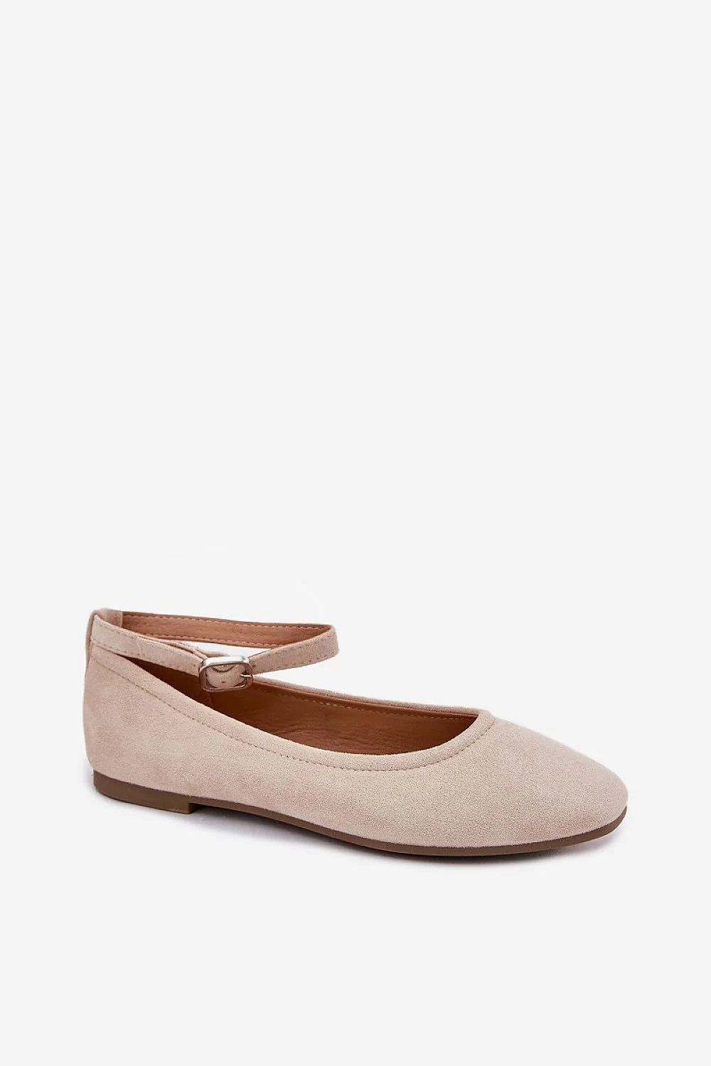 Ballerines féminines en éco-suede beige clair, style minimaliste, bride ajustable avec boucle métallique, semelle souple, confort toute la journée, chaussures élégantes pour quotidien