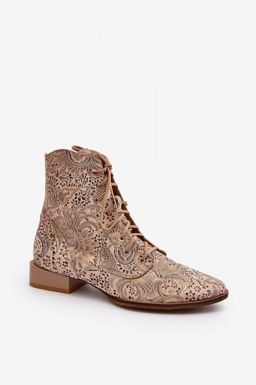 Bottines femmes style vintage boho motifs floraux paisley cuir naturel beige taupe talon carré semelle caoutchouc lacets fermeture glissière