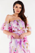 Robe d'été féminine sans bretelles design romantique volants open front tissu mousseline couleurs pastel taille élastiquée