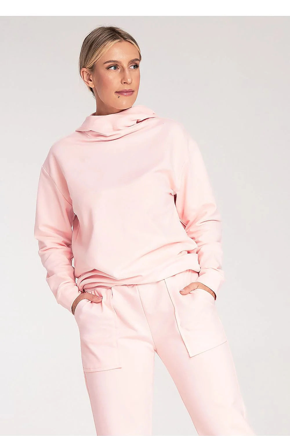 ensemble deux pièces sweatshirt cheminée manches longues coupe relaxed maille douce jogger taille haute poches rose poudré coton élasthanne