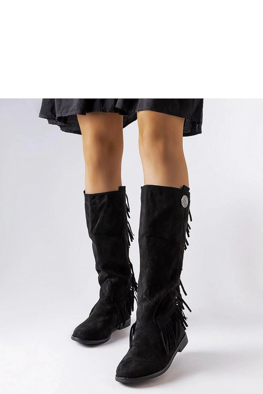 Bottes cothurnes western pour femmes en suédé noir, franges décoratives, ornements métalliques, genouillère, ajustement parfait, confortable, style moderne et traditionnel,多种 occasions