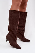 bottes hautes femme daim écologique marron chocolat slouch effet froncé bout pointu talon kitten confortable élégantes