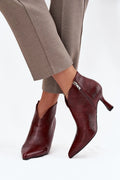 bottines femme similicuir bordeaux effetlisse tigeasymetrique boutpointu talon8cm talonefile silhouetteelancee fermetureziplaterale semellefine interieurtextile chic elegante moderne