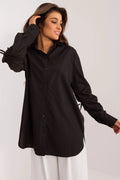chemise manches longues décontractée élégante fluide popeline noire coupe ample col classique froncées liens ajustables boutons dissimulés silhouette aérienne