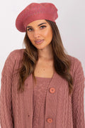 Béret AT en laine acrylique coton cachemire design classique losanges scintillants vieux rose coordonné avec ensemble maille torsadée chic femme