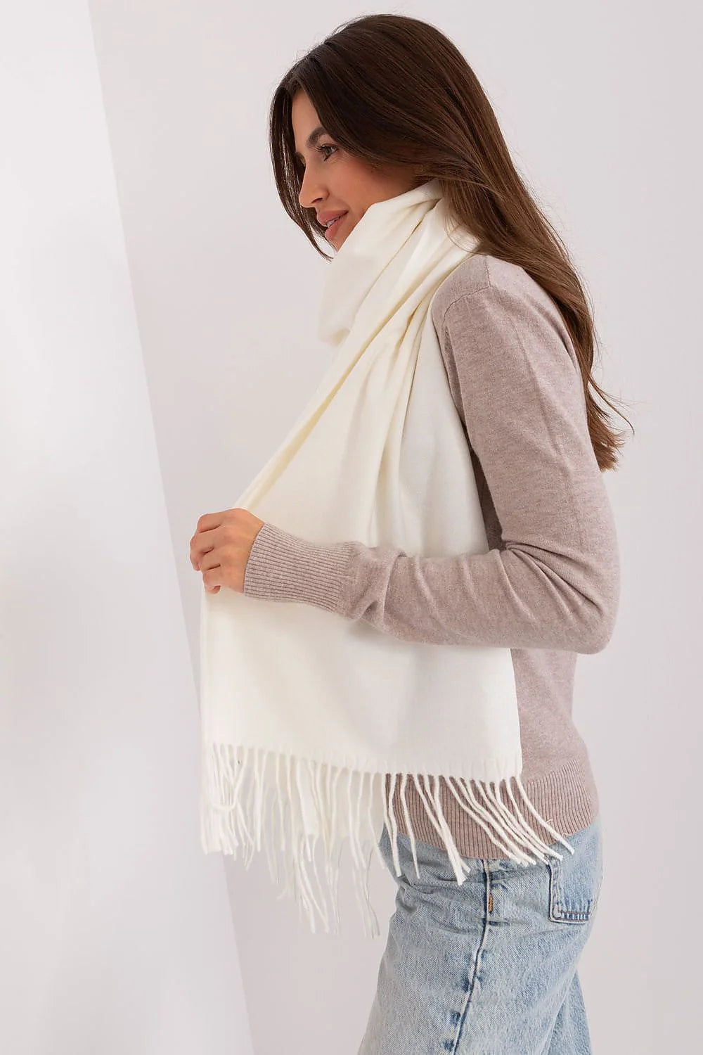 Écharpe élégante pour femme, hiver, pompons, style intemporel, coton, laine, blanc cassé, franges, longueur 196 cm, écharpe longue, accessoire mode, chic, polyvalent