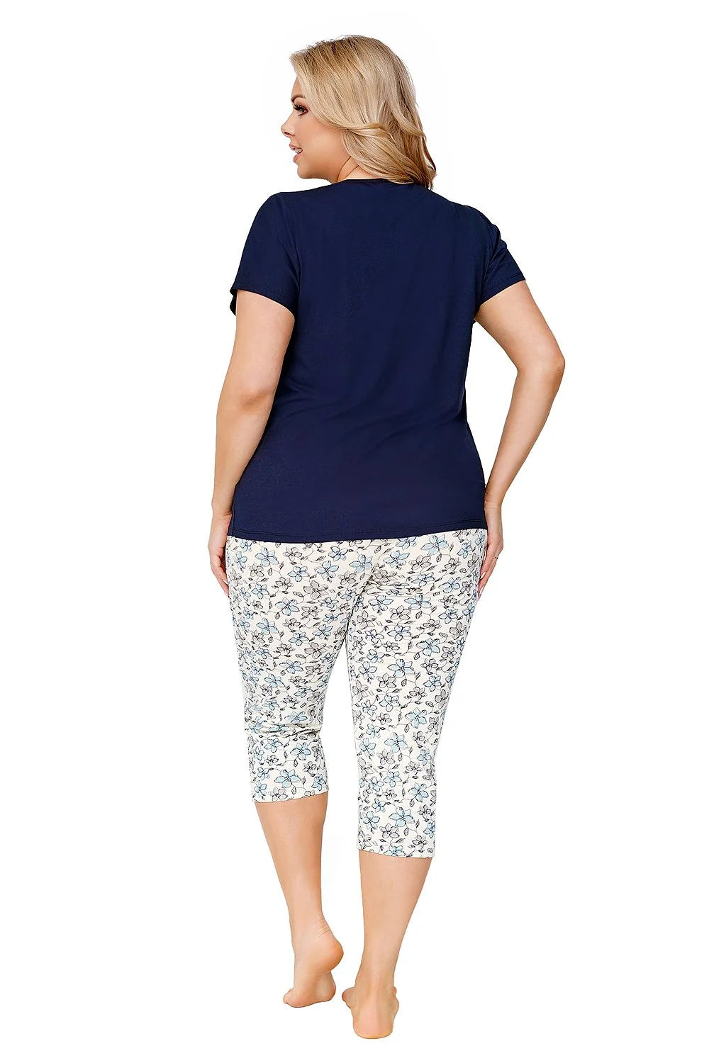 Pyjama pour femme confortable et élégant, viscose douce, bleu marine et floral, manches courtes, capri