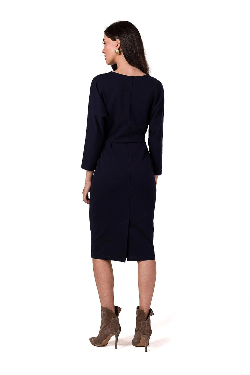 Robe élégante pour femme couleur bleu marine en cache-cœur manches longues silhouette ajustée longueur genoux