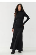 robe longue maxi noire manches longues col montant moulante fronces latérales taille jupe évasée jersey extensible coupe ajustée