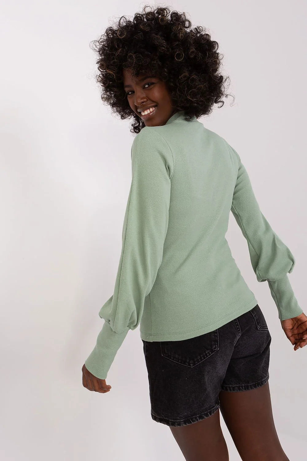 Chemisier femme Rue Paris manches longues coton élasthanne sage vert coupe ajustée poignets larges mode élégante