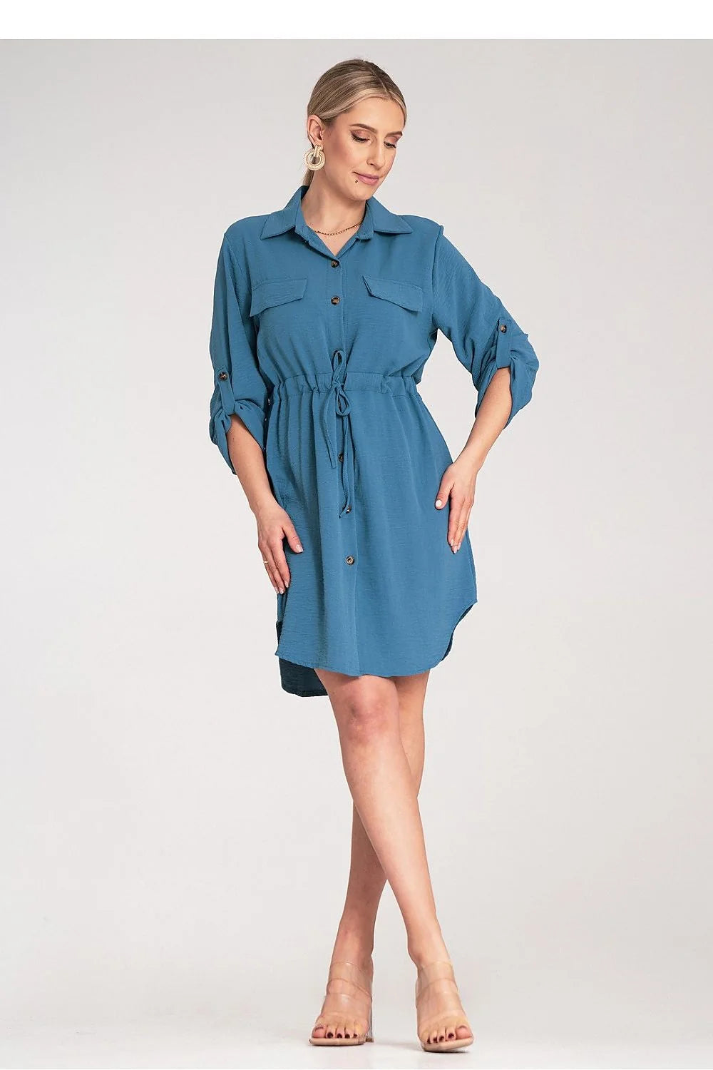 Robe de jour élégante chemise style décontracté manches ajustables ceinture taille ajustable robe polyester elasthanne S/M femme